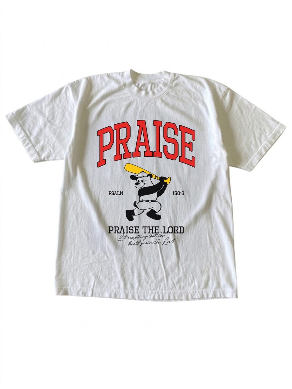 Praise The Lord Psalm 150 6 Baseball Bear White Christian Graphic T-Shirt